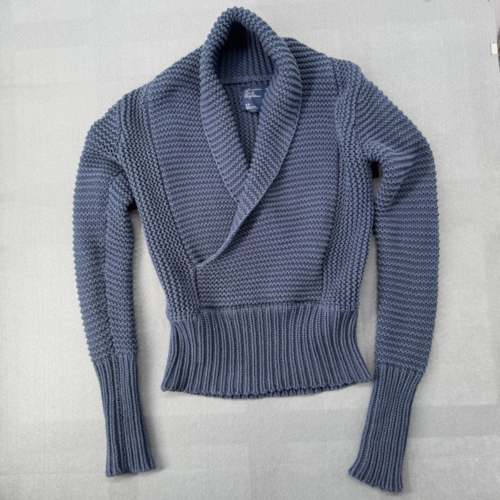 Vtg Y2K American Eagle Shawl Collar Sweater Sz S Blue Chunky Knit Cottage Preppy